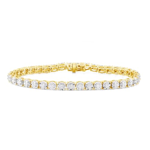 Belacqua 1 Carat Round Lab Grown Diamond Tennis Bracelet in 14K Yellow Gold Plated Silver G Color SI Clarity 7 Inches Length Dainty Jewelry for Women Gift Box Included