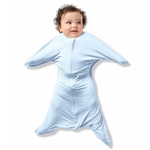 Image of SleepingBaby Bamboo Zipadee-Zip Transition Swaddle - EverSoft Starfish Design Breathable Wearable Blanket with Two-Way Zipper, Large (12-24 months), Sky Blue