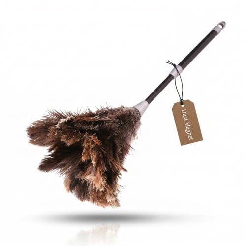 africX Strauß Staubwedel mit originalen Straußenfedern - Staubwischer mit Teleskopstiel für müheloses Staubwischen - Ausziehbar bis 73 cm Staubfänger