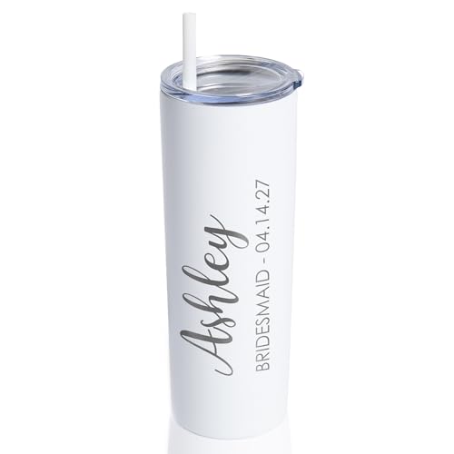 Lifetime Creations Personalized Bridesmaid Proposal Gift Tumbler with Straw -Engraved, Dishwasher Safe, Maid of Honor, Bridal Party, Stainless Steel Vacuum Insulated Skinny Tumbler (White, Option A)
