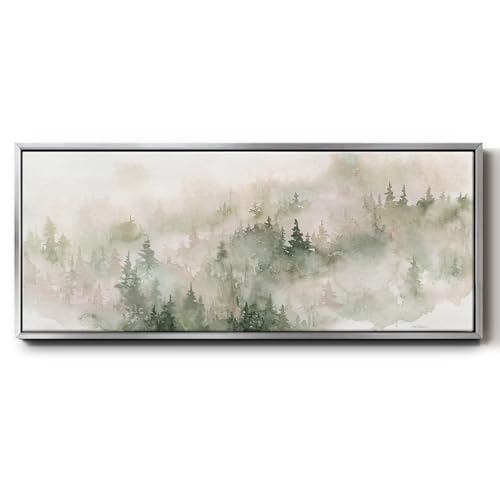 Renditions Gallery Nature Floater Framed Watercolor Wall Art Misty Trees in Forest Canvas Home Decor Paintings for Drawing Room Office Living Room - 12"X30" SILVER Frame GAL037