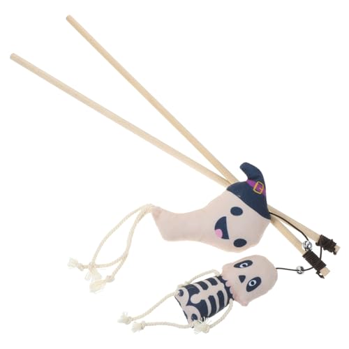 Abaodam 2個逗猫棒 ハロウィンテーマのインタラクティブ猫おもちゃ プラッシュのねずみ型と骸骨型のティーザーウィンド かわいい猫の遊び道具