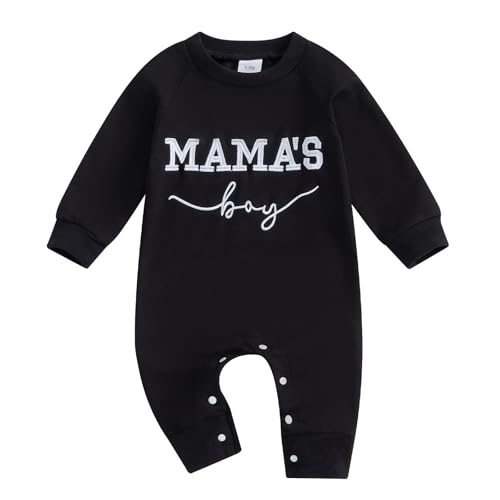 Image of FOCUSNORM Newborn Baby Boy Fall Outfit Mamas Boy Embroidery Jumpsuit Long Sleeve Crewneck Romper Infant Boy Winter Clothes