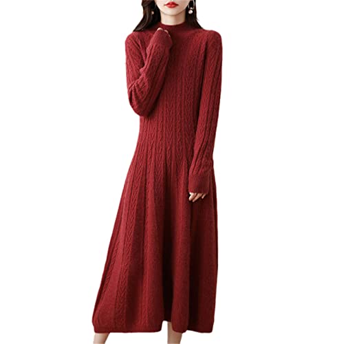 Robe chandail en cachemire Kelsiop, tricot 100% laine mérinos luxe col haut rouge XL