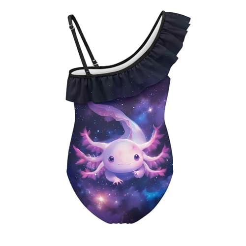 Image of WELLFLYHOM Axolotl Girls One Piece Swimsuits 3-14 Ruffle One Shoulder Bathing Suits Full Coverage Beachwear