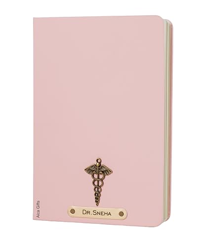 Image of AICA Personalized Name & Charm Doctor Leather Notebook Diary - A5 Size, 180 Ruled Pages (Baby Pink) | Customized Gift for Doctors Retirement Farewell Appraisal Birthday For Men Women Girls Boys