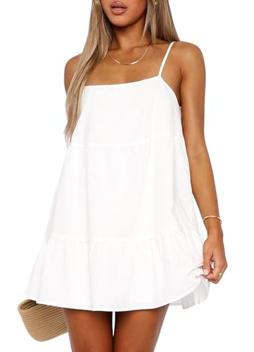 Flowy Short Sundress Mini Babydoll Dresses for Women Going Out Tiered Ruffle Beach Spaghetti Strap Swing Dress Cute