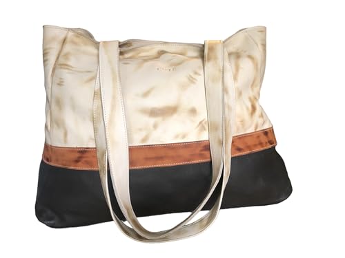 Image of GENUINE LEATHER Tote Bag Soft Leather- Durable Cowhide, Magnetic Closure, Stylish Black and Tan Design, 18x11.8x4.8 inches, Perfect for Everyday Use, OFFER