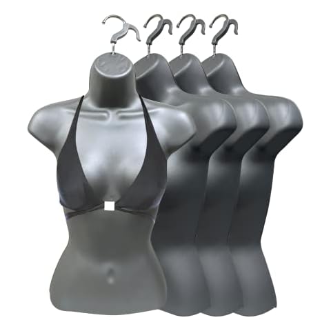 DisplayTown Gray Female Mannequin Injection Form Half Rounded Waist Body Torso Dress Form with Only Hanging Hook, S-M Sizes (4 Pack, Gray) Cover