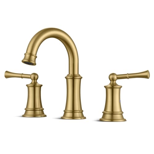 Brushed Gold Bathroom Faucet 8 Inch, Brass Bathroom Faucet, 3 Hole Gold Bathroom Faucet with Pop-Up Drain and 2 Supply Hoses for Vanity, Lavatory, RV Farmhouse (L2304-BG)