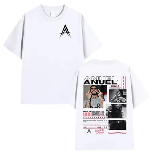 Camiseta para Hombre De Algodón con Cuello Redondo Camiseta De Dos Caras Estampado Manga Corta Rapper Anuel AA Merch Vintage Trend Harajuku Streetwear-White||s