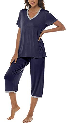 Image of JINSHI Women's Pajamas Set Short Sleeve Top and Capri Pants Lightweight Sleepwear Comfy Pjs Lounge Set with Pockets
