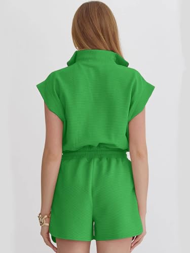 Image of Rompers for Women Summer Short Sleeve Half Zip Lapel Collar Jumpsuit Casual Drawstring One Piece Outfits with Pockets