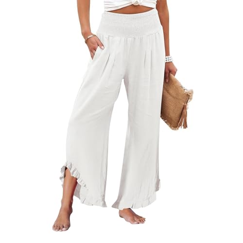 Womens Linen Summer Palazzo Pants Flowy Wide Leg Beach Pants with Pockets2