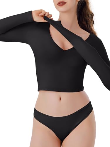 REORIA Women's V Neck Long Sleeve Slim Fitted Crop Tops Soft Layering Basic Shirt 2024 Fall Going Out Top2