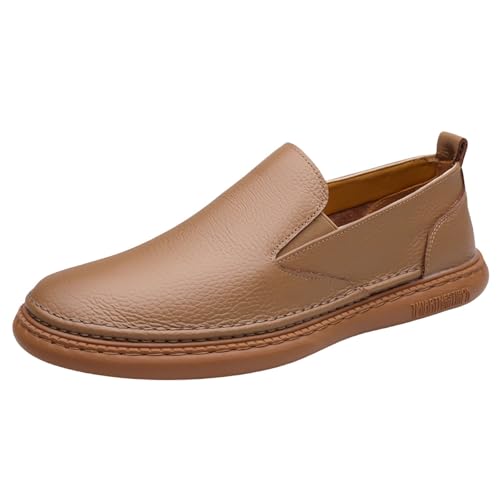 Mocasines para hombre, cómodos, con superficie plana, de cuero, zapatos de barco, mocasines clásicos, mocasines planos, deslizantes en penique, mocasines suaves, cómodos, marrón, 42