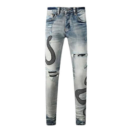 Men's Jeans Serpentine Embroidered Perforated Patch Jeans