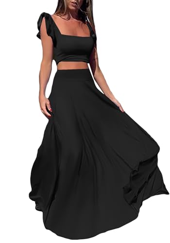 Vakkest Womens Summer Sexy 2 Pieces Outfits Ruffle Floral Tank Top Wrap Boho Tropical Long Skirt Set Clubwear Dresses