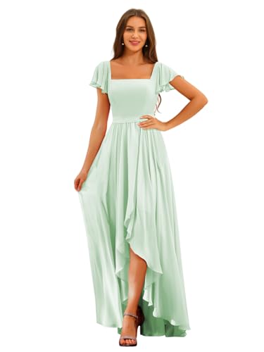 Flutter Sleeve Bridesmaid Dresses with Slit Long Square Neck Ruffles Chiffon Evening Gowns with Pocket LO0404