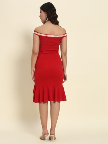 Image of ADDYVERO Women Off Shoulder Ruffle Hem Sleeveless with Lace Detailing Bodycon Party Dress (Red, XL)