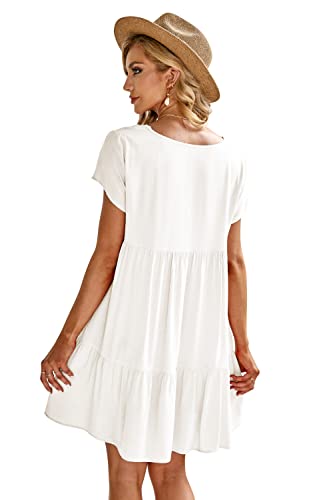 Image of Fangetey Women's V-Neck Tunic Dresses Short Sleeve Button Down Loose Casual Summer Short Flowy Swing Dress 0-White Large