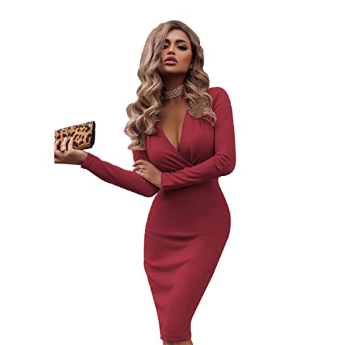 I3CKIZCE Midi-Kleid für Damen, Strickkleid, lässig, V-Ausschnitt, einfarbig, mit langen Ärmeln, elastisch, Spitze, Slim Chic, Mode, sexy Vintage-Elegant, rot, S Cover