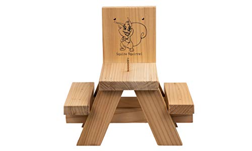 Squire Squirrel Funny Squirrel Feeder Table - Squirrel Picnic Table Feeder - Great for Outside Use with Corn Cobs - 2 Benches - Made from Solid Wood - Durable, Stable - Screws Included - Preassembled