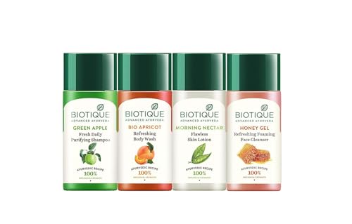 Biotique Travel Kit | Includes Green Apple, Bio Apricot, Morning Nectar & Honey Gel | Mini Skincare & Haircare Essentials for