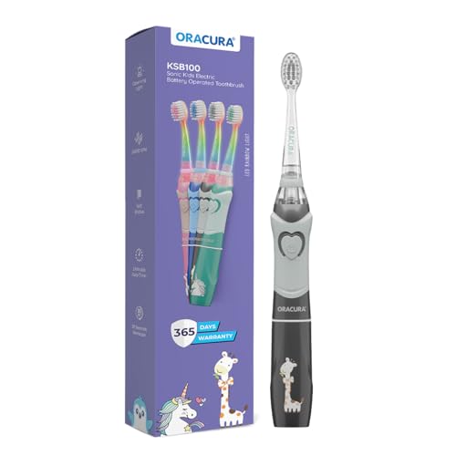 ORACURA® Sonic Lite Electric Battery Operated Toothbrush KSB100 for Kids | 4 Vibrant Colours | With 3 Modes | 24,000 Strokes | IPX7 Waterproof | 2 Minutes Auto-Timer | Dupont Bristles (Grey)