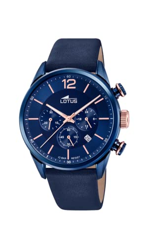 LOTUS Montre Homme Analogique Cuir Bleu - Quartz - Chronographe - Calendrier - Verre Minéral Résistant - Étanche 10 ATM Casual 18681/2 Chrono
