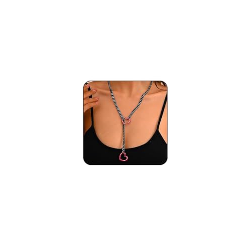 Heart Slip Chain Necklace Cuban Long Chain Affection Link Necklace Submissive Collar Chokers for Women (Black-Red)