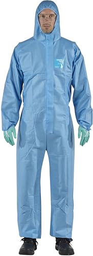 Ansell AlphaTec 1500 Model 111, Einweg-Schutzanzug mit Kapuze, Chemikalienschutz Type 5/6, Wasserdichter Arbeits-Overall, Einmal-Schutzkleidung Herren Damen, Blau, Größe XL (1 Stück)