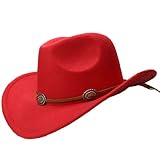 Vintage Style Unisex Western Cowboy Hat Cowgirl Sombrero Caps Wool Blend with Roll Up Brim (Red) 7 1