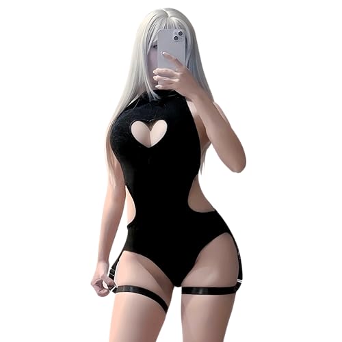 KORURACLUB Sexy Bodysuit Rückenfreier Hollow Body Black Sexy Damen Outfit Club Rave Kostüm Cosplay Dessous(Schwarz L-XL)