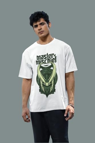 Image of SYOM Men's Oversized Graphic T-Shirt - Half Sleeve, Round Neck, Cotton-Blend Drop Shoulder Tee with inchLoki inch Logo & inchMaster Mischief inch Print