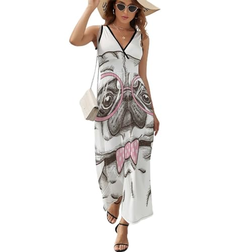 Robe longue d'été sans manches imprimé Carlin rose pour femme