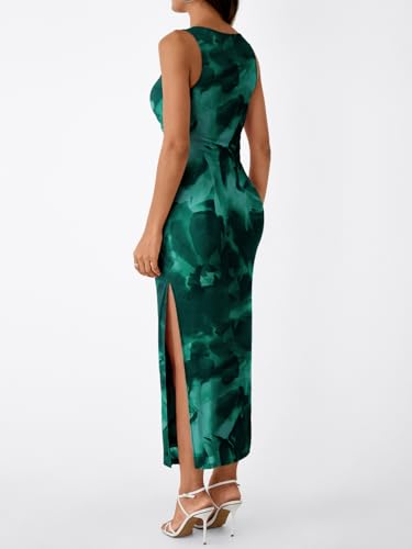 Image of Trendy Queen Bodycon Maxi Dress Womens Sleeveless Floral Print Fitted Party Club Ruched Dresses with Side Slit