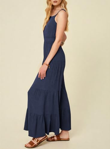 BLENCOT Sleeveless Jumpsuits for Women Summer Casual Loose Overalls Jumpsuit Ruffle Wide Leg Long Pant Flowy Rompers Blue Large