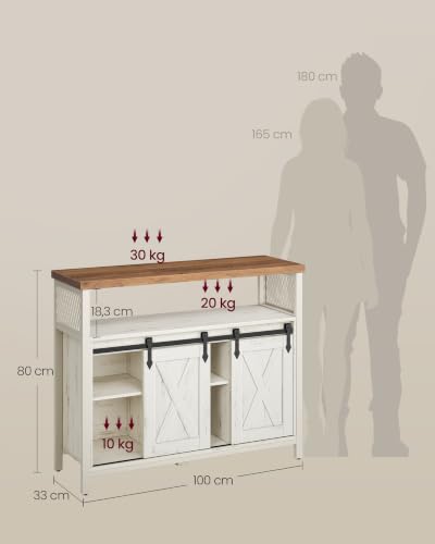 Miniatura 3 de Vasagle Aparador, Armario De Cocina, Armario De Almacenamiento, Con 2 Puertas Correderas, 33 X 100 X 80 Cm, Estantes Ajustables, Para Salón, Blanco Rústico, Marrón Miel Lsc092w01