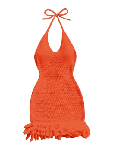 GORGLITTER Women's Crochet Halter Mini Dress Vacation Miami Beach Outfits