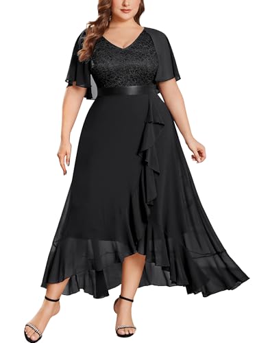 Miusol Women's Plus Size Floral Lace Cape Sleeves V Neck Ruffle Trim Formal Party Maxi Dress