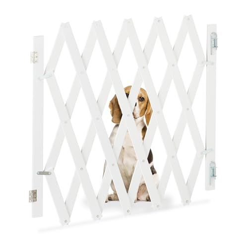 Relaxdays Barrera Seguridad Niños Bambú, Valla Escaleras Plegable hasta 126 cm, 70-82 cm Alto, Reja Mascotas, Blanco, Hierro