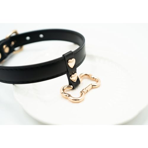 Handmade Bone Ring Leather Choker Collar For Women, Cute Pastel Pink Choker Necklace with Bone Shaped Pendant and Heart Rivets3