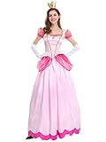 FStory&Winyee Peach Kostüm für Damen Erwachsene Puffärmel Lang Abendkleid Prinzessin Kleid mit Handschuhe für Verkleidung Fancy Dress Karneval Halloween Cosplay Geschenk, Rosa, M