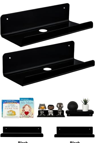 Image of 2-Pack Clear Acrylic Floating Wall Shelves (10 inch) Invisible Minimalist Display Shelves for Bedroom, Bathroom, Kitchen & Office Wall-Mounted Organizer for Books, Decor (Black, 10 In, 2)