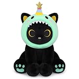 Hagusahuo Dinosaur Plush, 8inches Black Cat Plush with Green Dino Plushie Hood Removable, Cute Plushies Shiny Dinosaur Stuffed Animal Doll Toy Birthday Gifts for Kids Boys Girls
