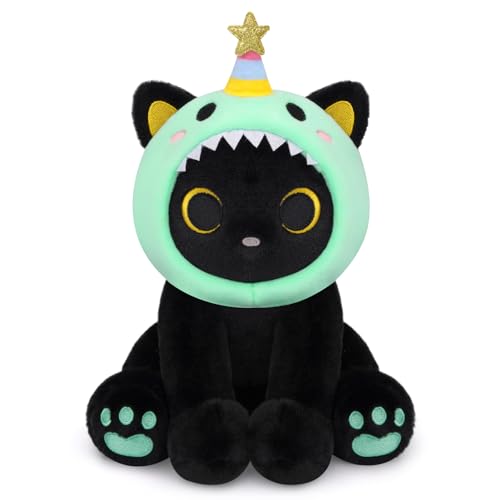 Image of Dinosaur Plush Toys, 8inches Black Cat Plush with Green Dino Plushie Hood | Cute Plushies Shiny Dinosaur Stuffed Animal Doll Toy Birthday Gifts for Kids Boys Girls