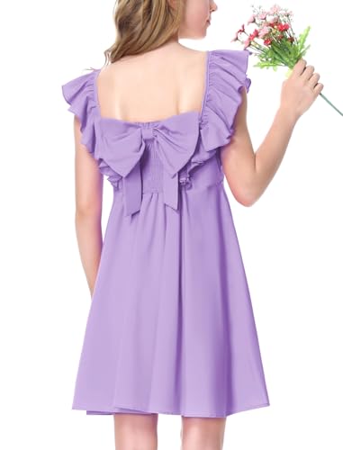 Mebius Girls Bow Back Square Neck Ruffle Sleeve Preppy Dress Tween Cute School Dance A Line Dresses 8-14Y