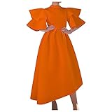 Uillui Ball Gowns for Women Formal Puffy Double Layers Ruffle Sleeve Dress Mock Neck Asymmetric Hem Cocktail Evening Dresses Orange