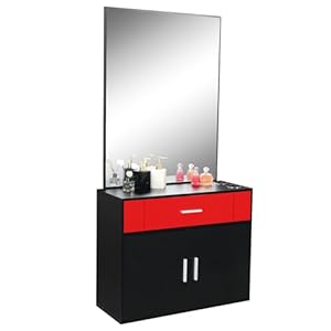 Winado Wall Mount Salon Station Hair Styling, Barber Salon Stations with Mirror, 1 Storage Cabinet, 1 Drawer, 2 Hair Dryer Holders for Hair Stylist Beauty Spa Equipment, Black + Red